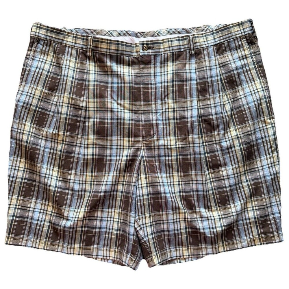 Roundtree & Yorke Gold Label Chino Shorts 46 Casual Pleated Brown Blue Plaid